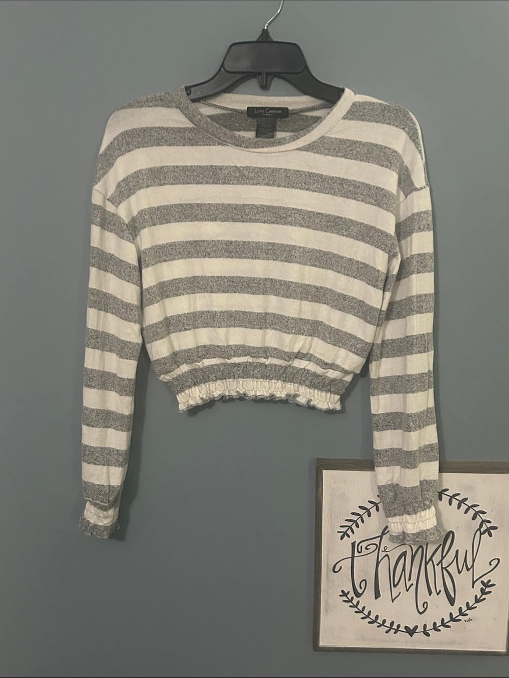 Love Cameron Los Angeles Gray & White Striped Cropped Cozy Top